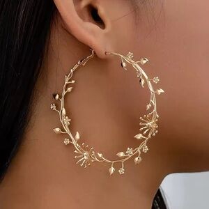 Anthropologie Gold Floral Hoop Earrings